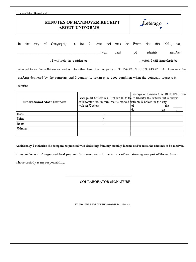 Uniform Handover Receipt for Employees | PDF