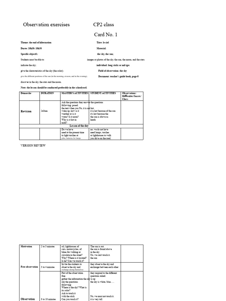 Exercise Sheet of Observation CP2, Ouaga Ii | PDF | Sky | Cereals