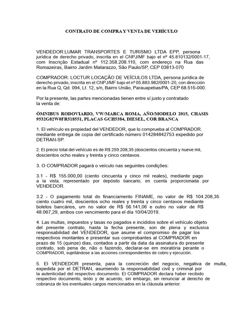 Contrato de Compra y Venta de Vehículo - Loctur | PDF | Derecho privado ...