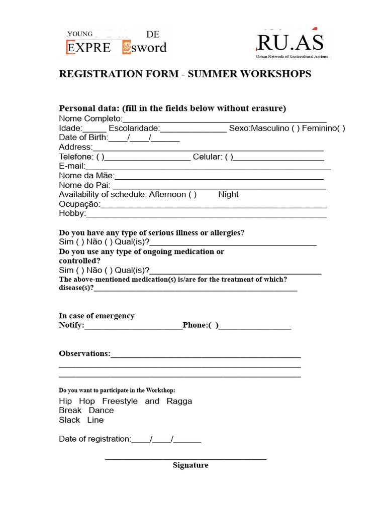 SUMMER WORKSHOP REGISTRATION FORM | PDF