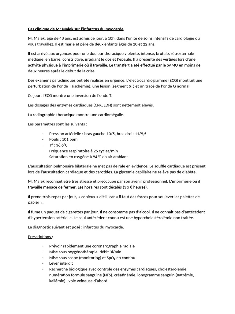 Cas clinique : infarctus du myocarde de M. Malek | PDF | Infarctus du ...