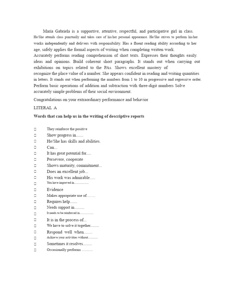 Literal Descriptive Reports A | PDF | Literacy | Teachers
