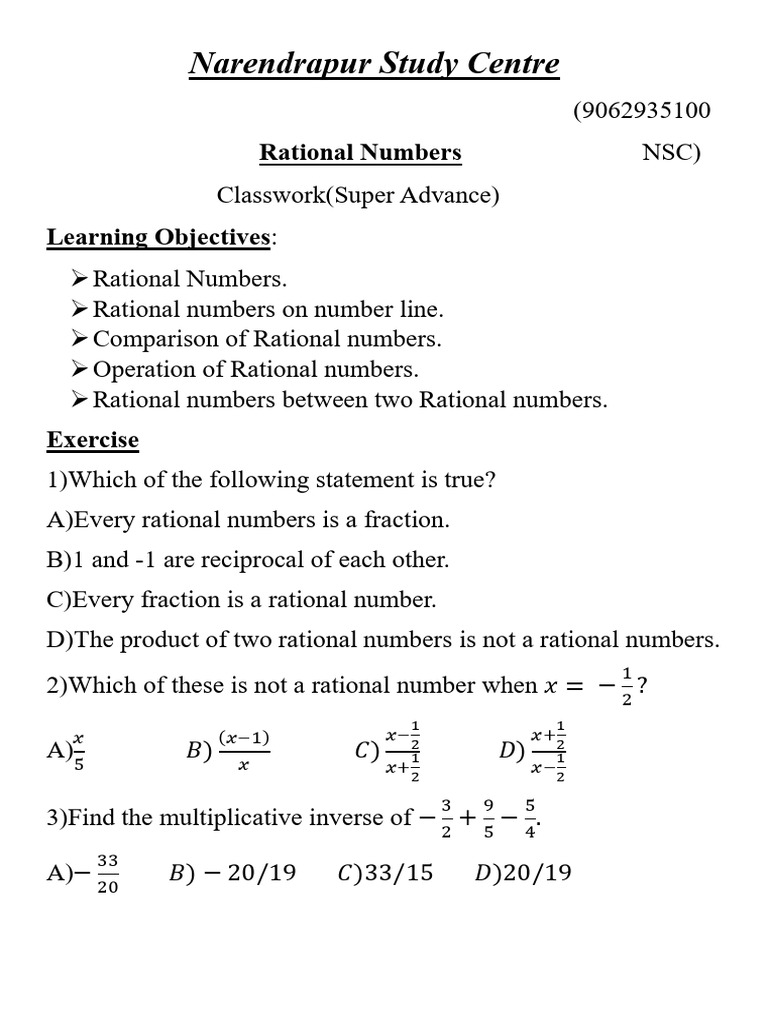 Rational Numbers Classwork Exercises | PDF | Rational Number | Algebra