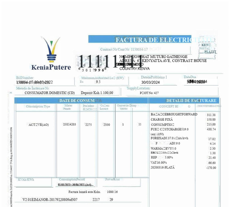 Factura de Electricitate KPLC | PDF