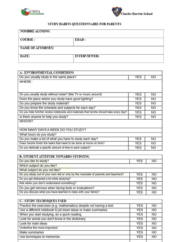 Study Habits Questionnaire for Parents | PDF | Cognitive Science | Learning
