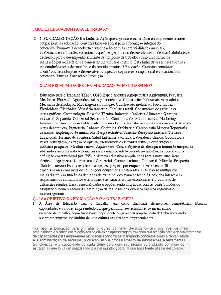 O QUE É EDUCAÇÃO PARA O TRABALHO.docx | PDF | Competência (Recursos ...
