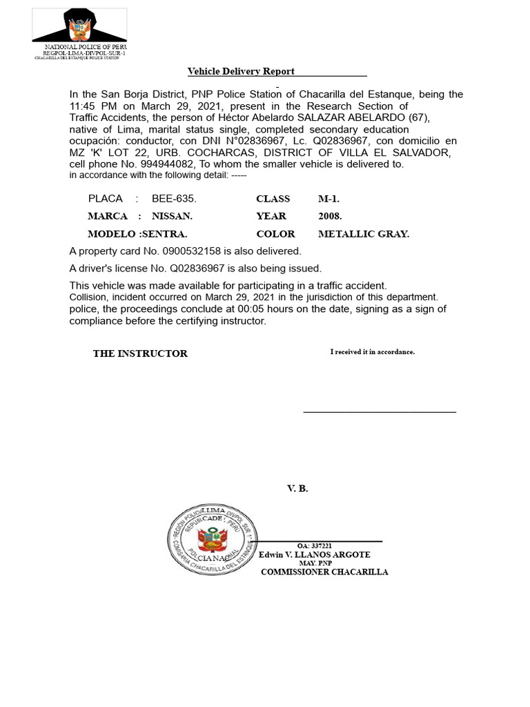 Vehicle Delivery Report - San Borja District | PDF