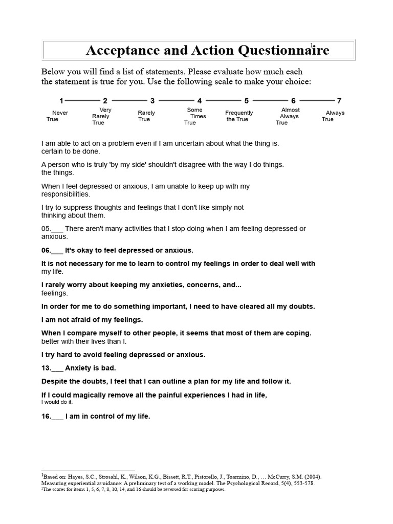 Acceptance and Action Questionnaire Guide | PDF | Thought | Anxiety