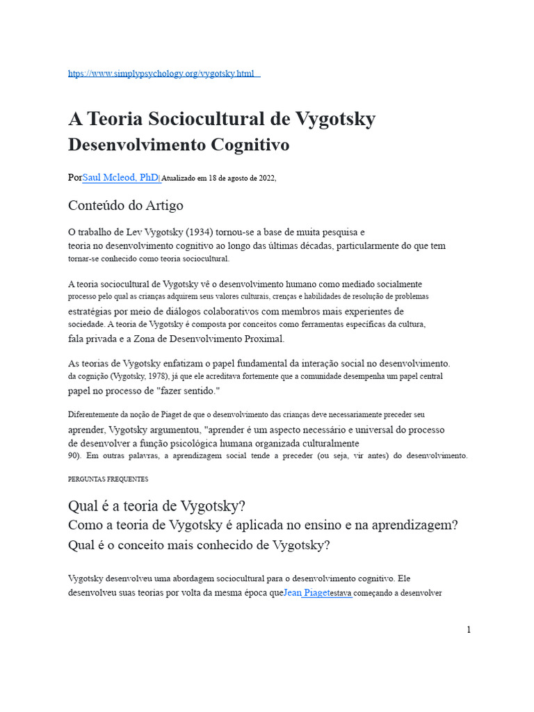 Teoria Sociocultural de Vygotsky | PDF | Aprendizado | Pensamento