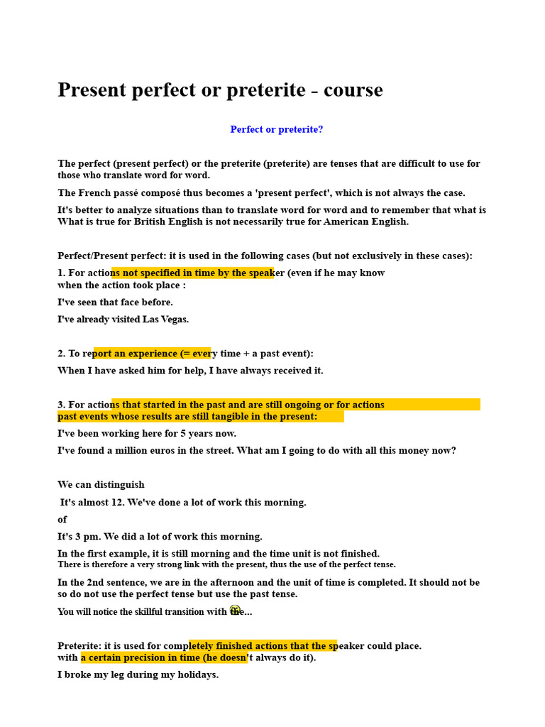 Present Perfect vs. Preterite Guide | PDF | Grammatical Tense | English ...