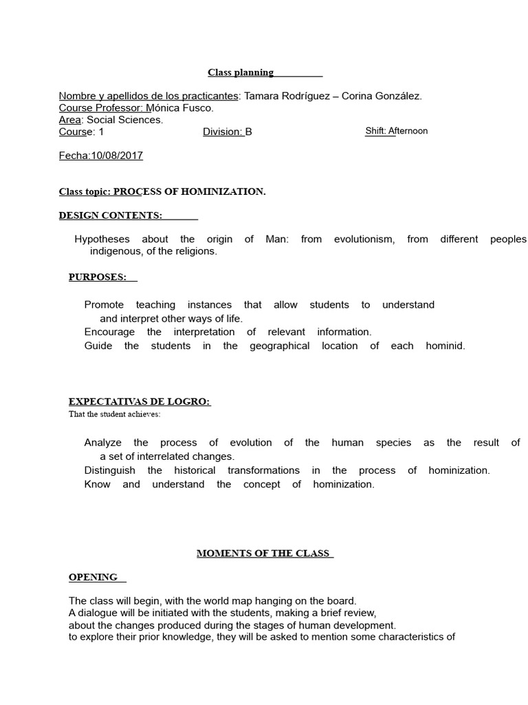Hominization Process Class Plan | PDF | Homo | Evolution Of Primates
