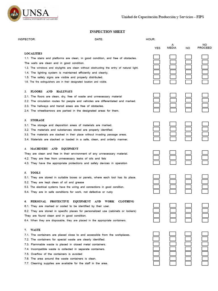 FIPS Inspection Sheet for Safety Standards | PDF