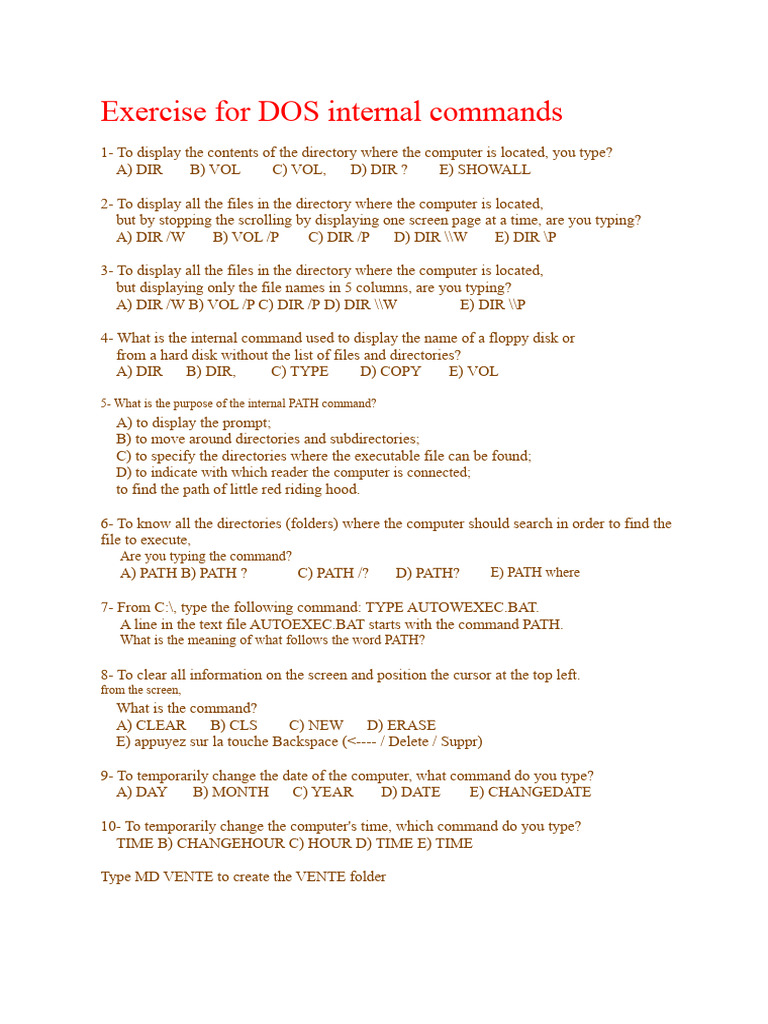 DOS Internal Commands Exercise Guide | PDF | Directory (Computing ...