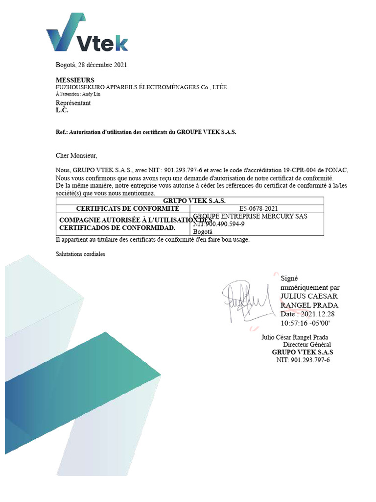Autorisation de certificats VTEK S.A.S. | PDF | Prise électrique | Machine