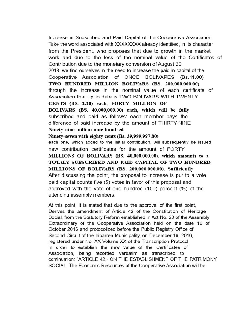 Cooperative Act On Capital Increase | PDF | Economies