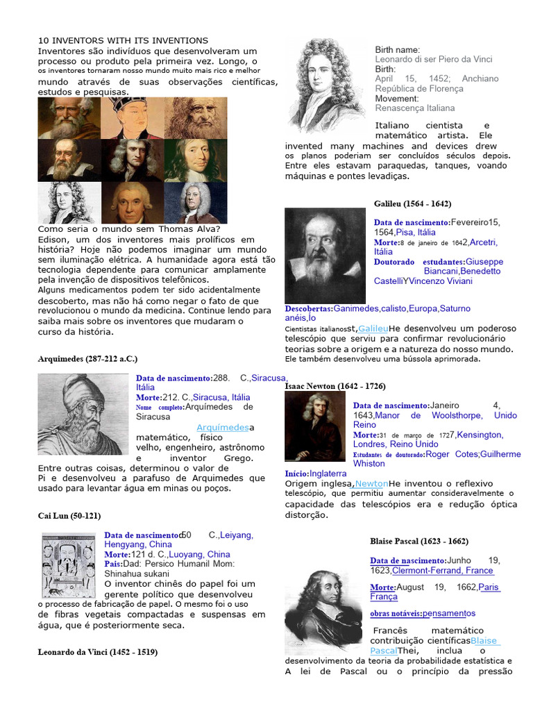 10 Inventores e Suas Invenções Famosas | PDF | Motor a vapor