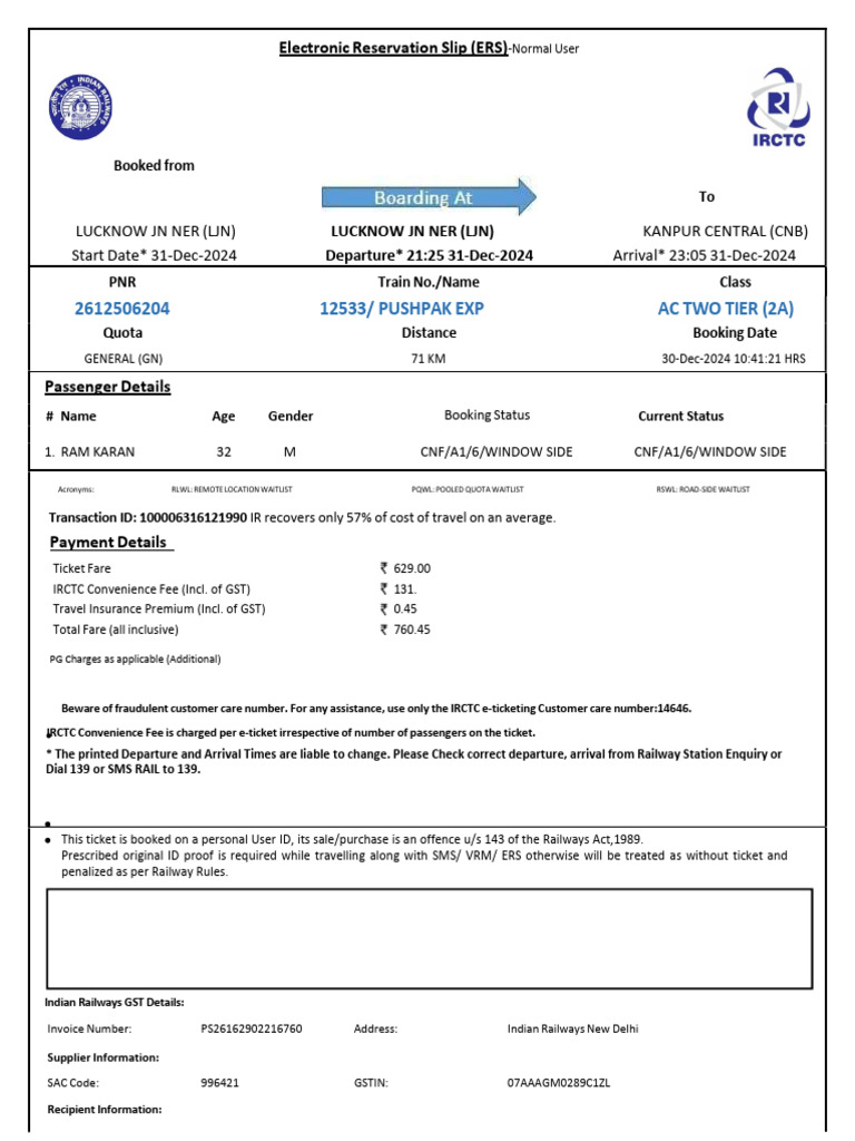 Ram Karan Ticket - 31!12!2024 | PDF | Identity Document | Payments