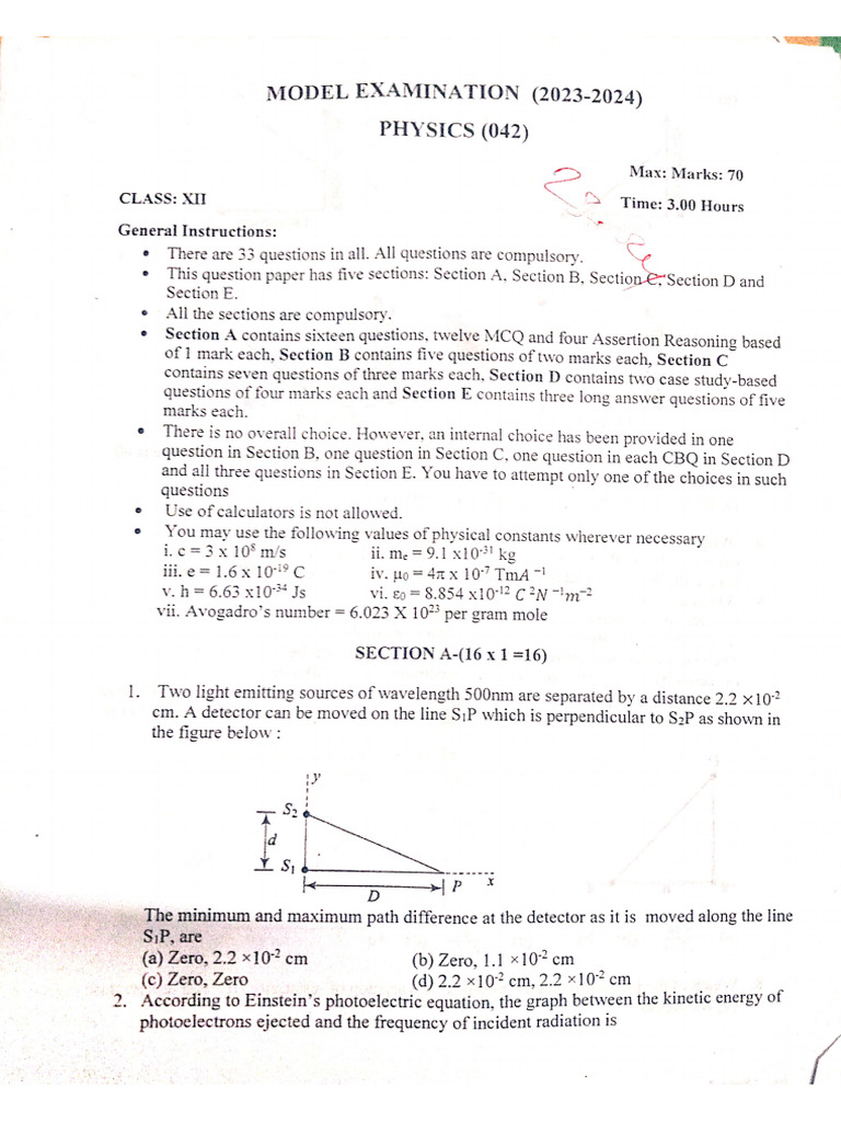 Physics Model Examination 3 23-24 Question Paper | PDF