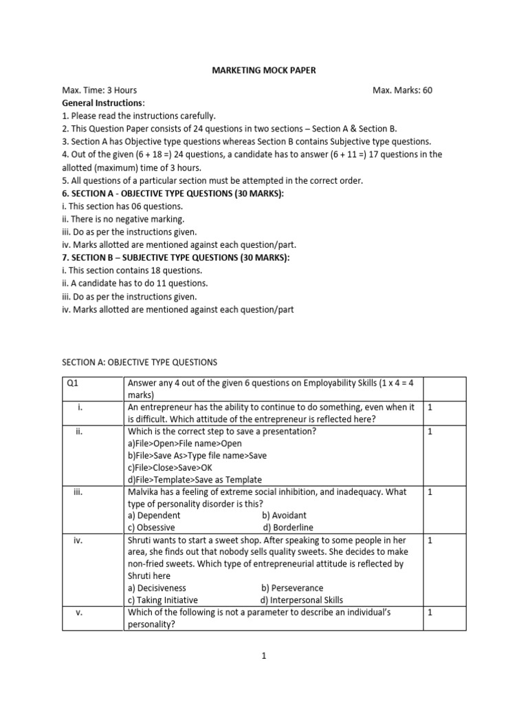 Marketing Mock Paper for Students | PDF | Pricing | Marketing