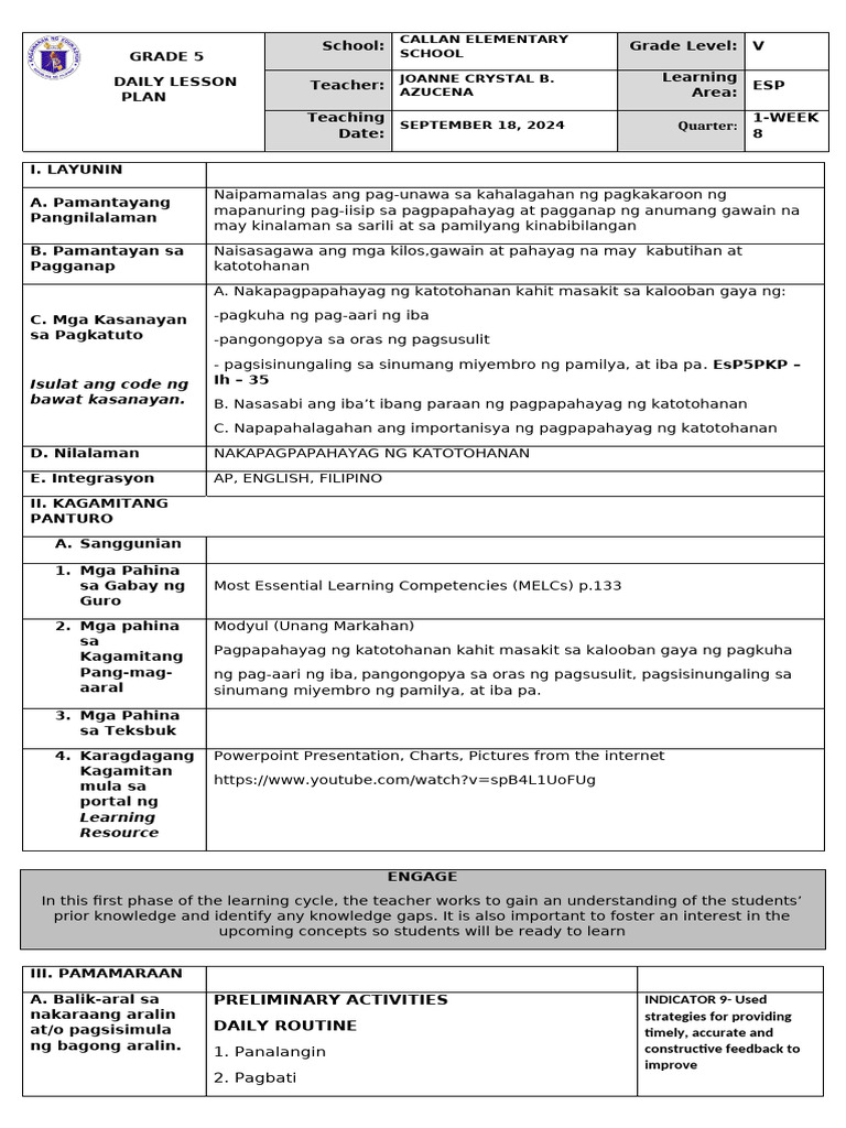 Grade 5 ESP Daily Lesson Plan | PDF | Learning | Teachers