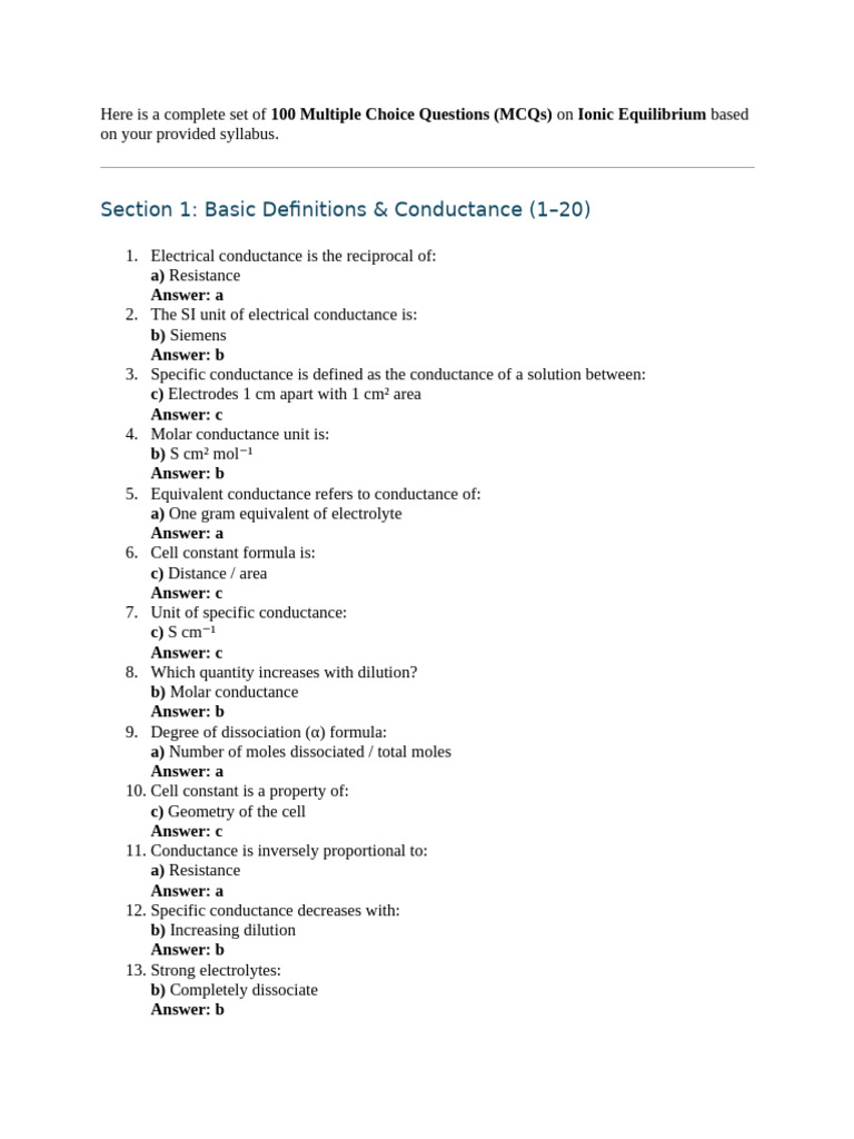 100 MCQs on Ionic Equilibrium | PDF | Buffer Solution | Acid