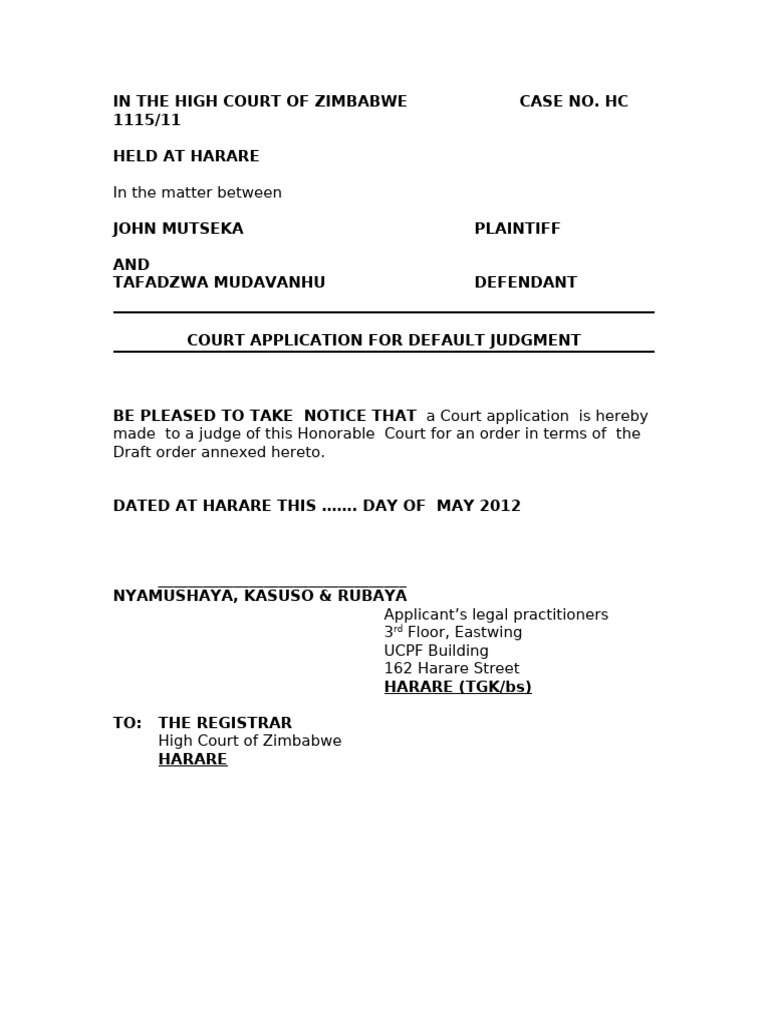 Default Judgment Application HC 1115/11 | PDF | Default Judgment | Summons