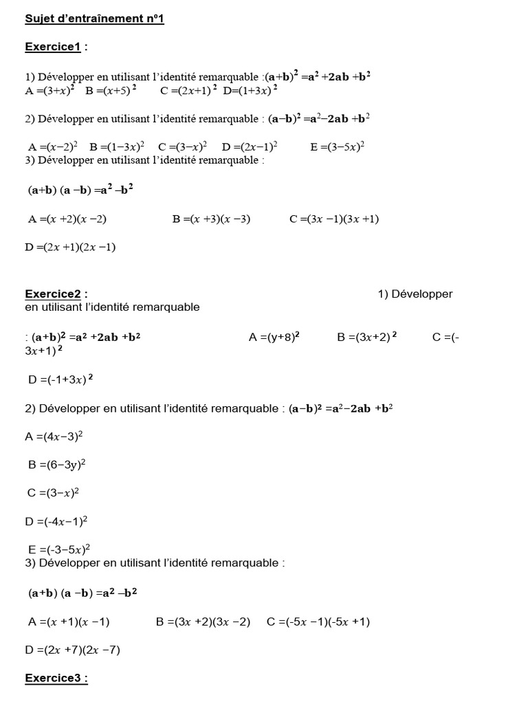 Exercices de développement et factorisation | PDF