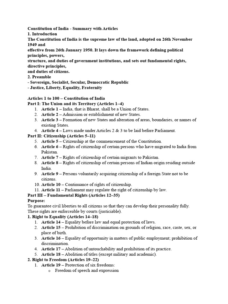 India Constitution Summary and Articles | PDF | Citizenship | Governance
