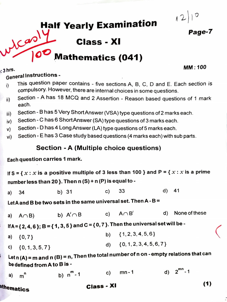 Class XI Mathematics Half Yearly Exam Guide | PDF | Circle | Function ...