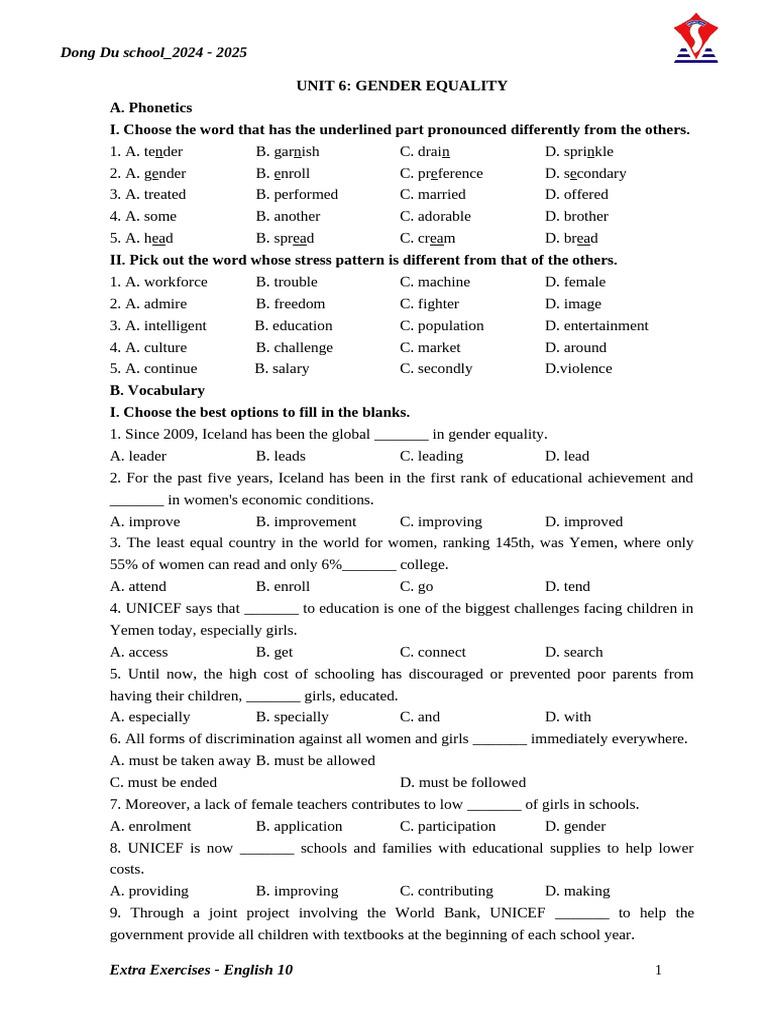 English 10 Extra Exercises: Gender Equality | PDF | Feminism | Gender ...