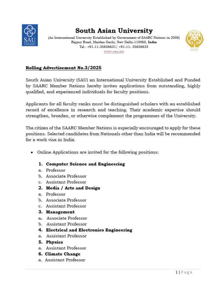 Faculty Positions at South Asian University | PDF | Cost Of Living ...