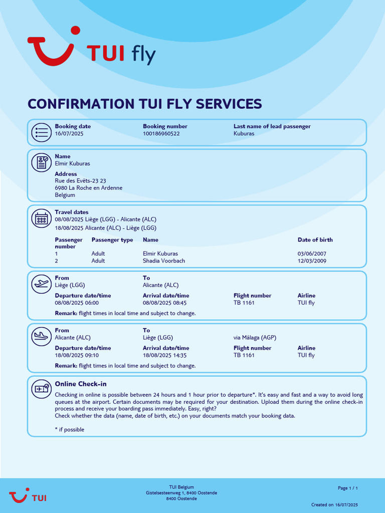 Confirmation TUI Fly Services - 100186960522 | PDF