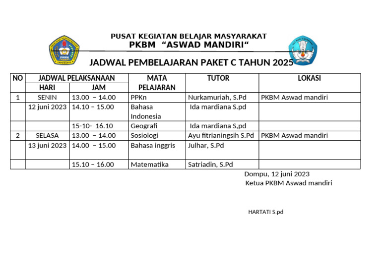 JADWAL Pembelajaran Paket c | PDF