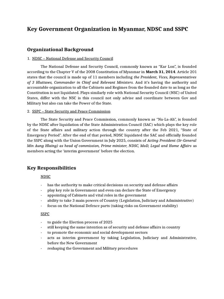 Myanmar's NDSC and SSPC Overview | PDF | Governance | Government