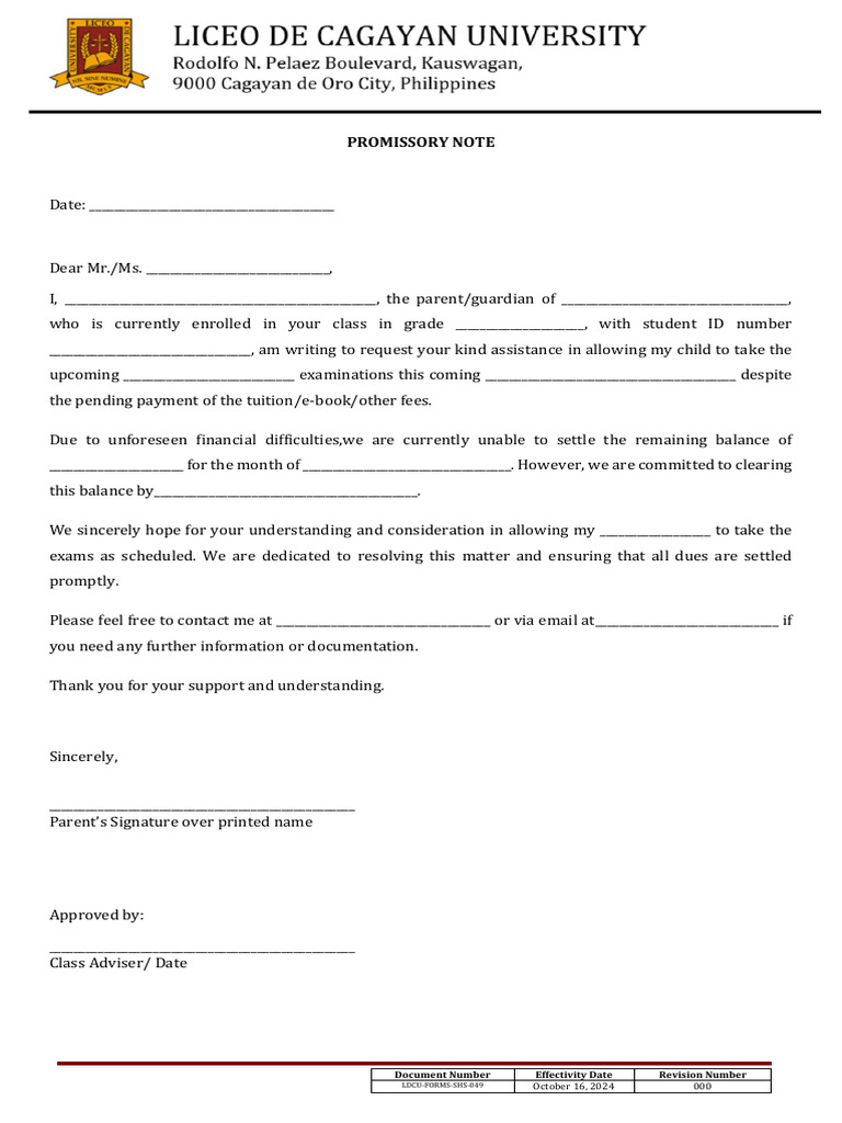 Promissory Note for Exam Payment Request | PDF