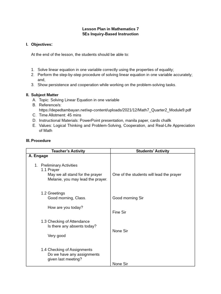 7th Grade Linear Equations Lesson Plan | PDF | Equations | Variable ...