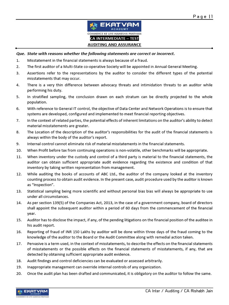 CA Intermediate Auditing Test Questions | PDF | Audit | Auditor's Report