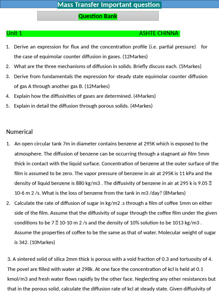 Mass Transfer Questions and Solutions | PDF | Diffusion | Water