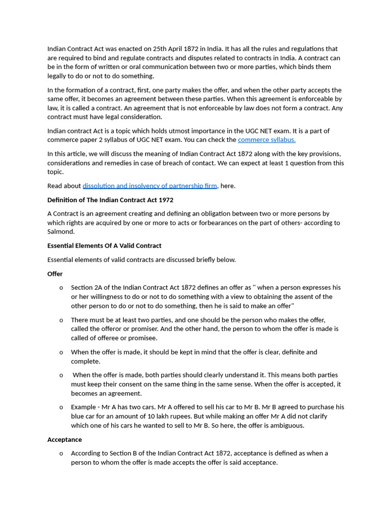 Overview of Indian Contract Act 1872 | PDF | Consideration | Offer And ...