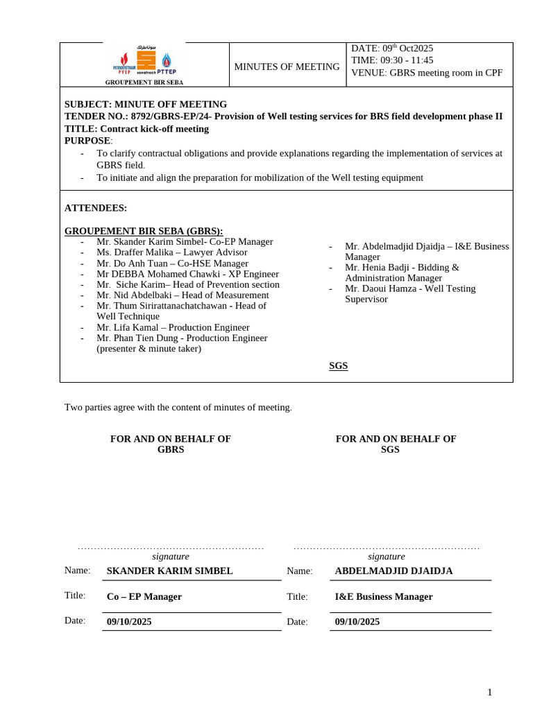 Contract Kick-off for Well Testing Services | PDF