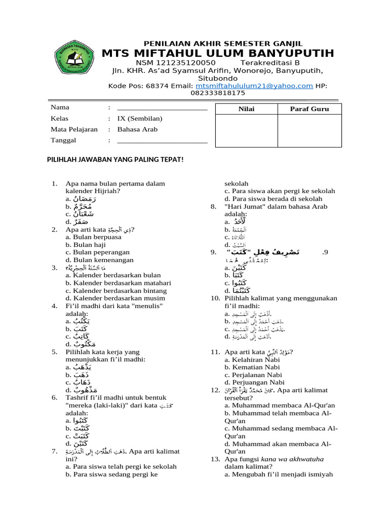 Penilaian Bahasa Arab Kelas IX MTS | PDF