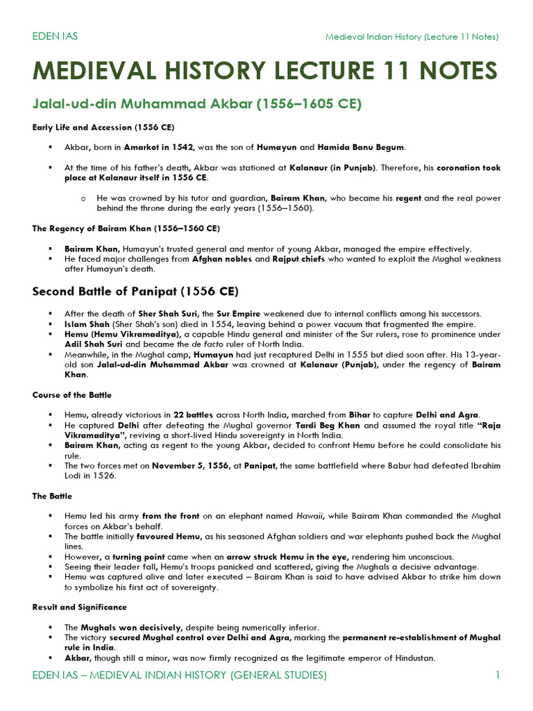 Lecture 11 Medieval History | PDF | Mughal Empire
