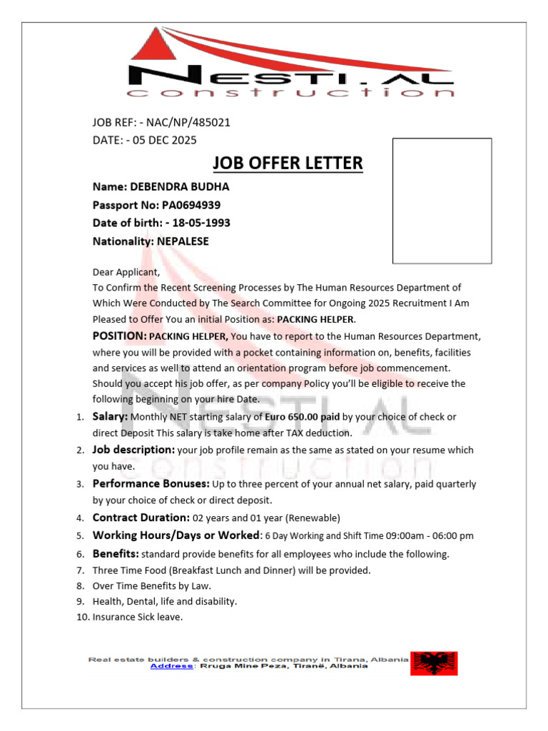 Debendra Budha Offer Letter Albania | PDF | Salary | Labor