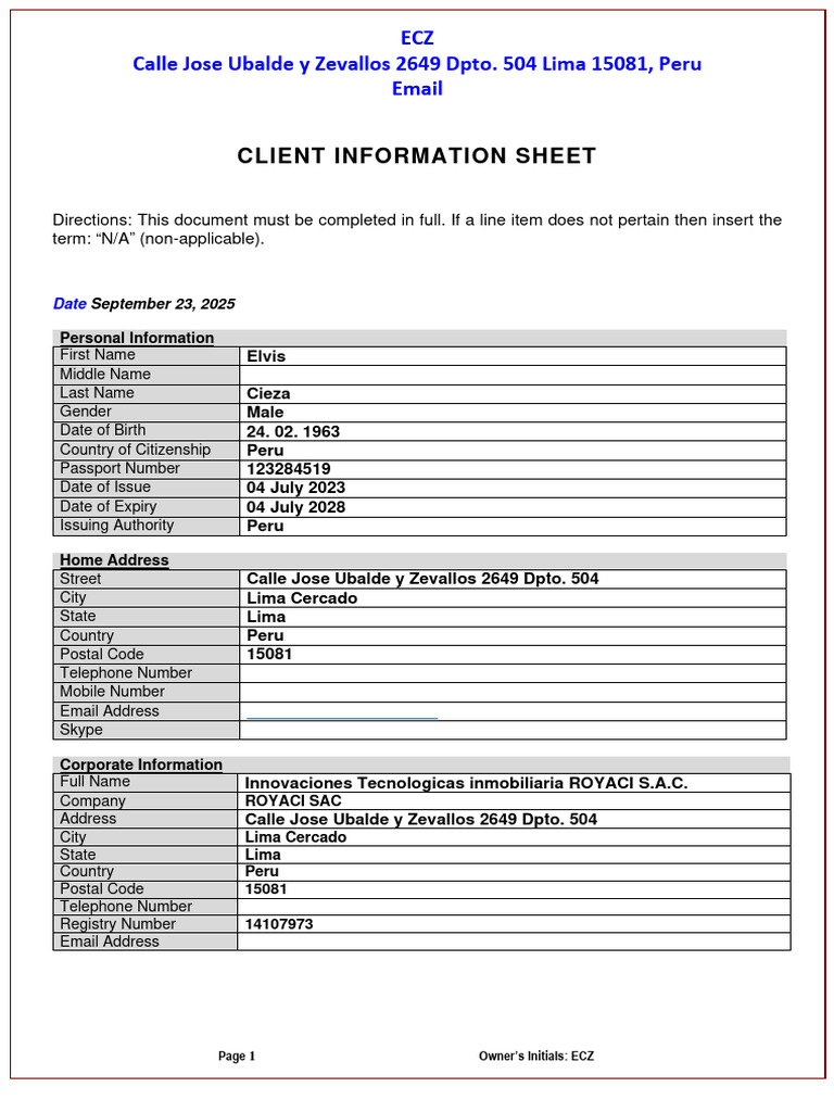 Client Information Sheet for Elvis Cieza | PDF | Government And Personhood