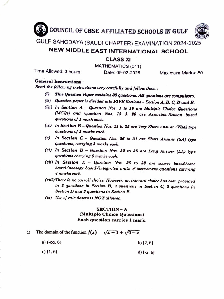 CBSE Class XI Mathematics Exam Paper 2025 | PDF | Mathematics ...
