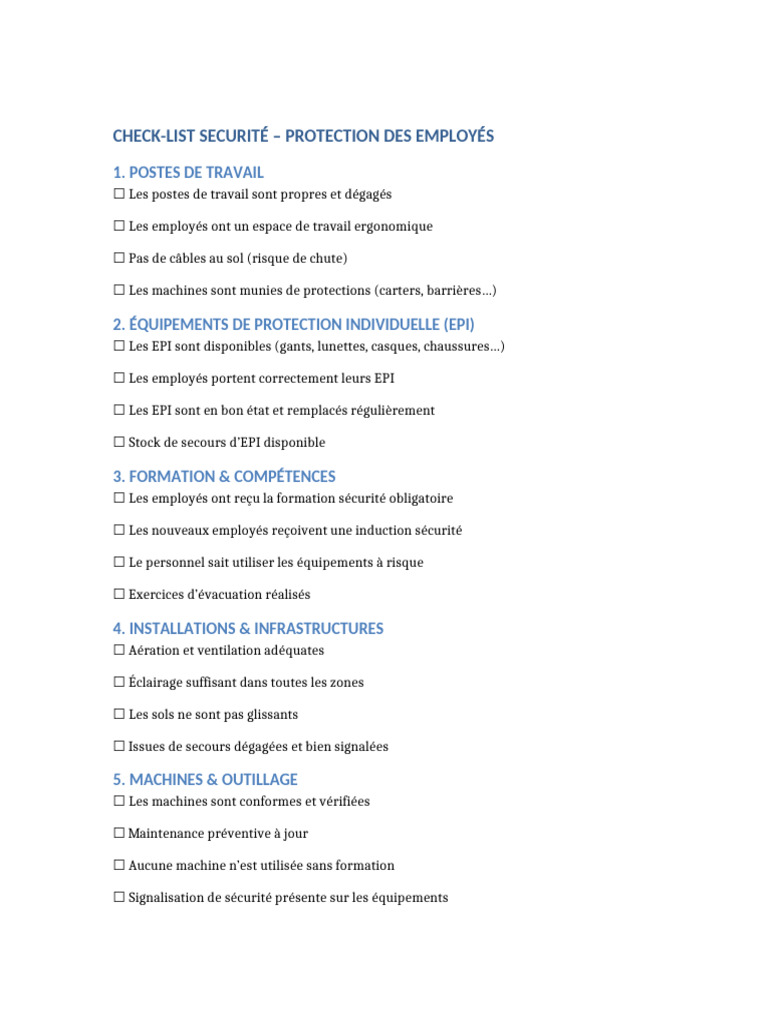 Check-list Sécurité au Travail | PDF