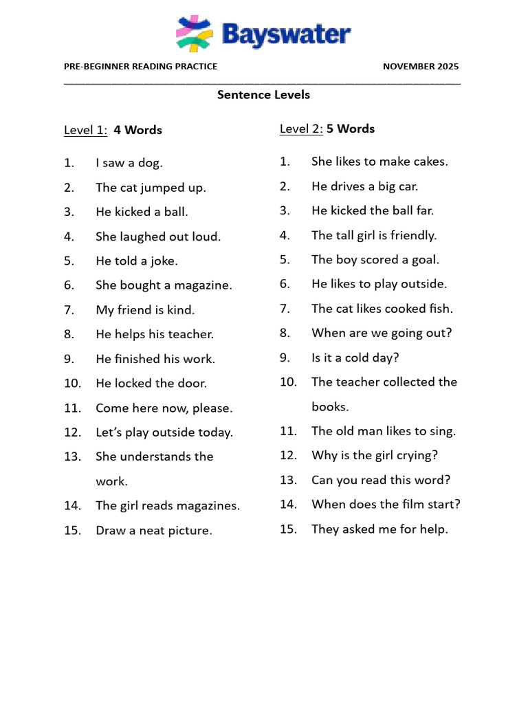 Sentence Practice Levels 1 and 2 | PDF