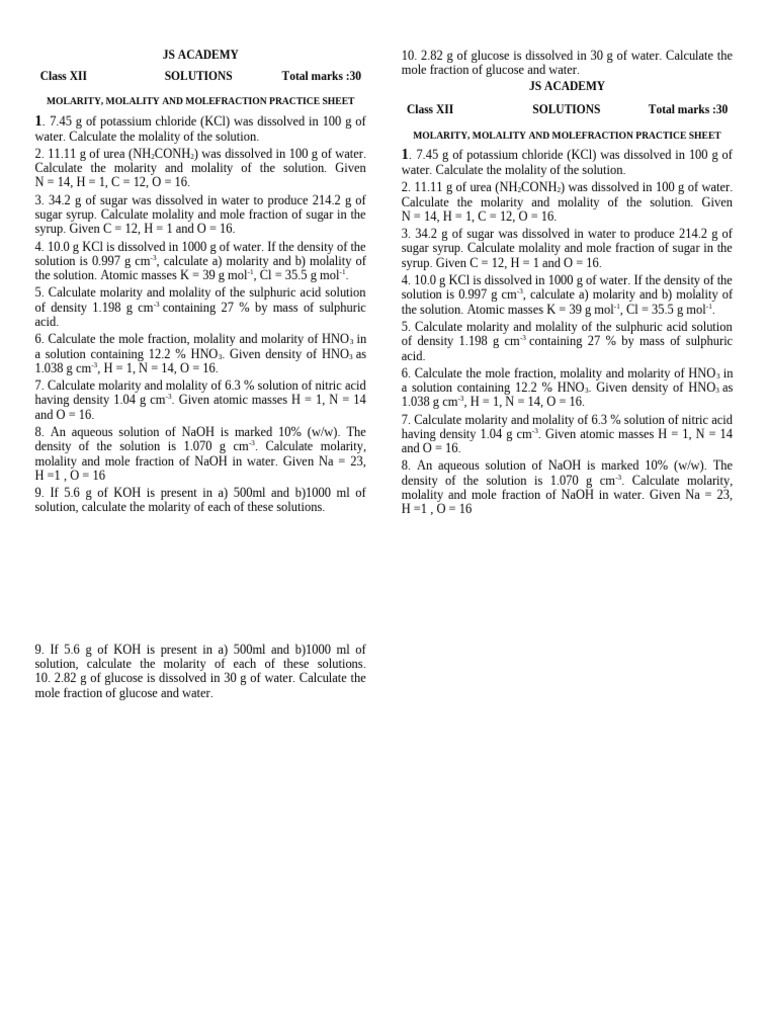 Molarity, Molality and Molefraction Practice Sheet | PDF | Potassium ...
