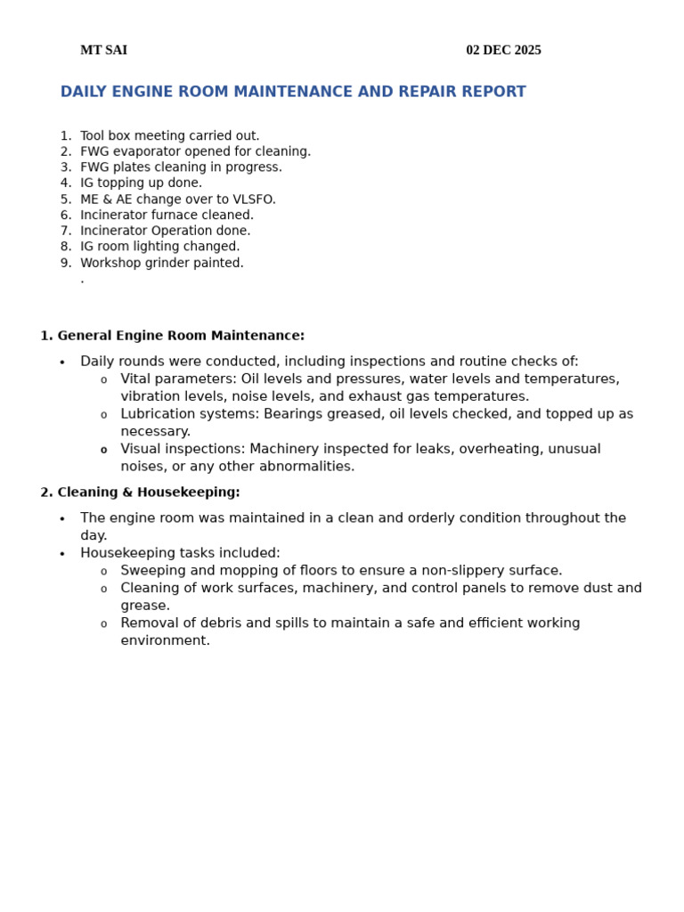 Daily Engine Room Maintenance Report | PDF