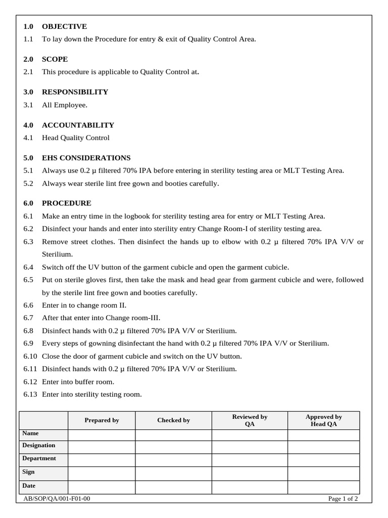 Quality Control Area Entry Procedure | PDF | Quality